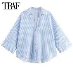 TRAF Shirts & Blouses Women's Shirt Summer Women's Blouse Cropped Long Sleeve Stripe Summer Shirt Button Up Casual Shirt 2024