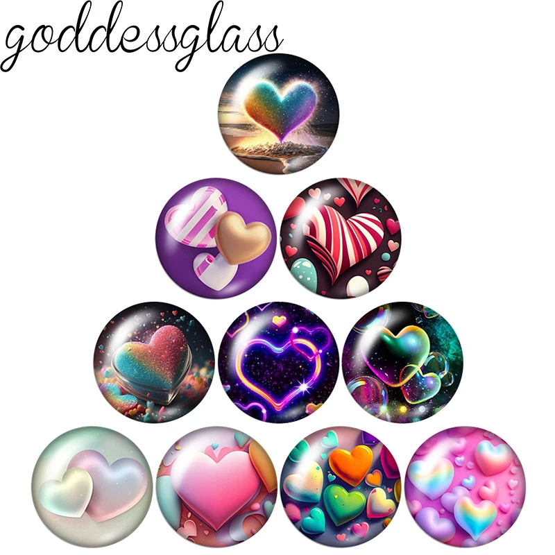 New Colorful Hearts Love valentine 12mm/18mm/20mm/25mm Round glass cabochon flat back Making findings for custom DIY bracelets