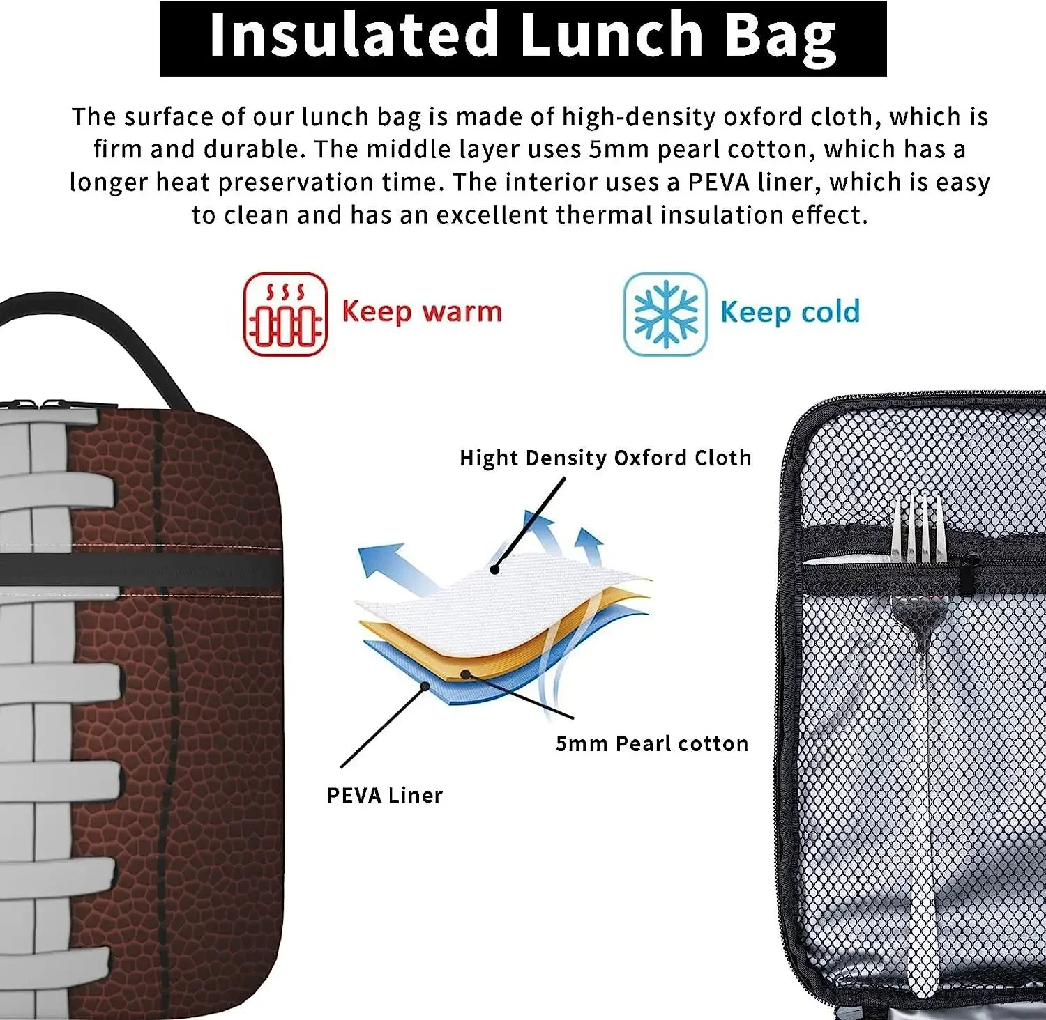 American Football Ball Lunch Bag Insulated Lunch Box for Boys Girls Durable Portable Adults Cooler Bento Tote with Side Pocket