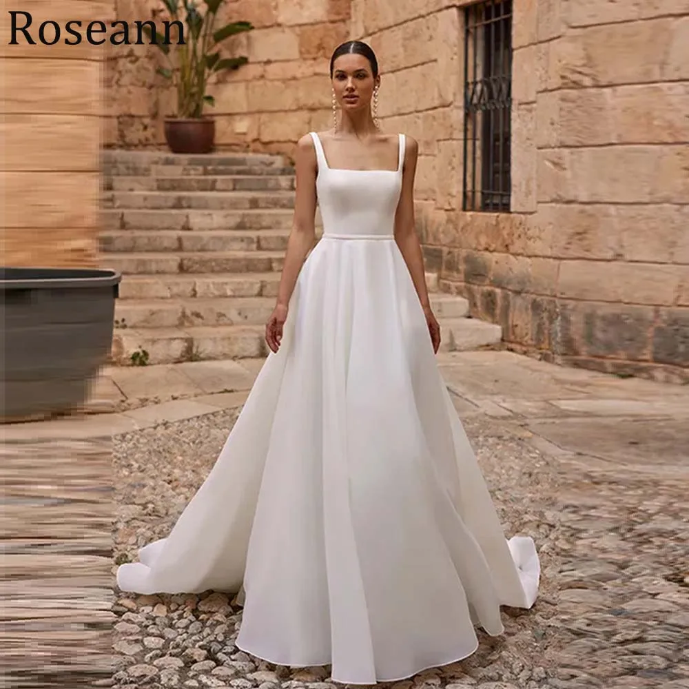 

Customized A Line Organza Wedding Dresses for Woman Square Neck Sleeveless Sweep Train Backless Vestidos De Novia Bridal Gowns