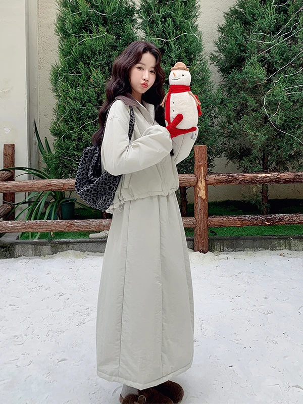 

Корейский повседневный универсальный хлопковый комплект: юбка и куртка для женщин, уникальный, красивый, теплый зимний модный костюм-двойка с высокой талией