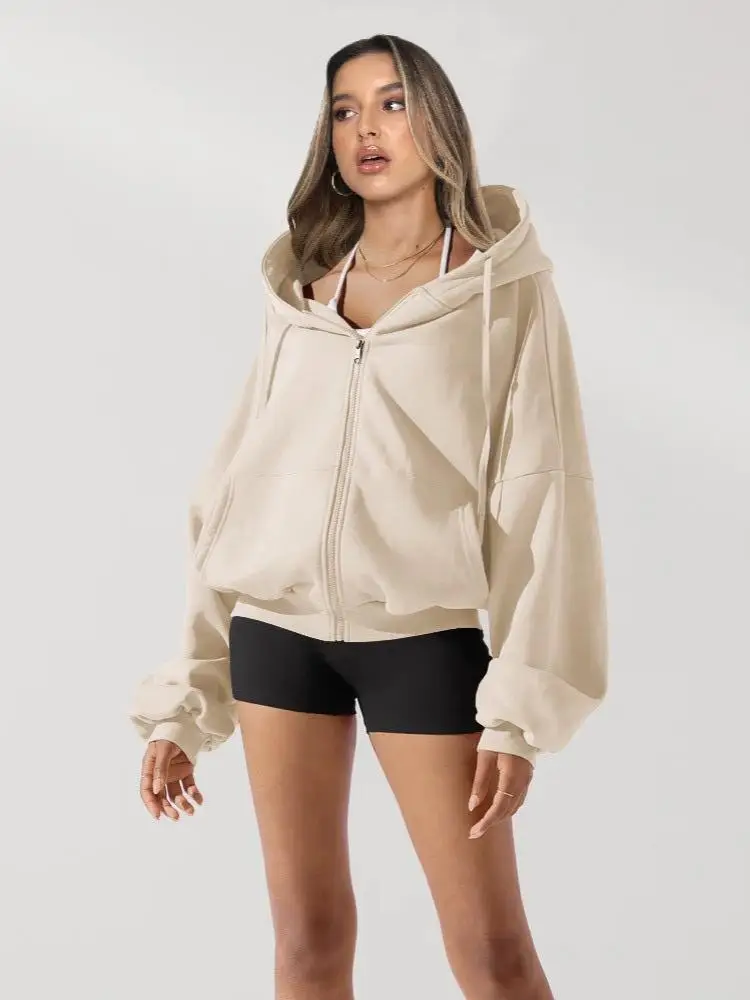 هوديي أسود كبير الحجم بسحاب كاجوال فضفاض بأكمام طويلة ملابس الشارع الشهير لملابس النساء