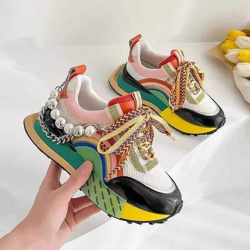 2024 New Women Leather Sneakers Lace Up Rainbow Colors Platform Shoes Pearls Chain Decor Fashion Vulcanized Shoes Women