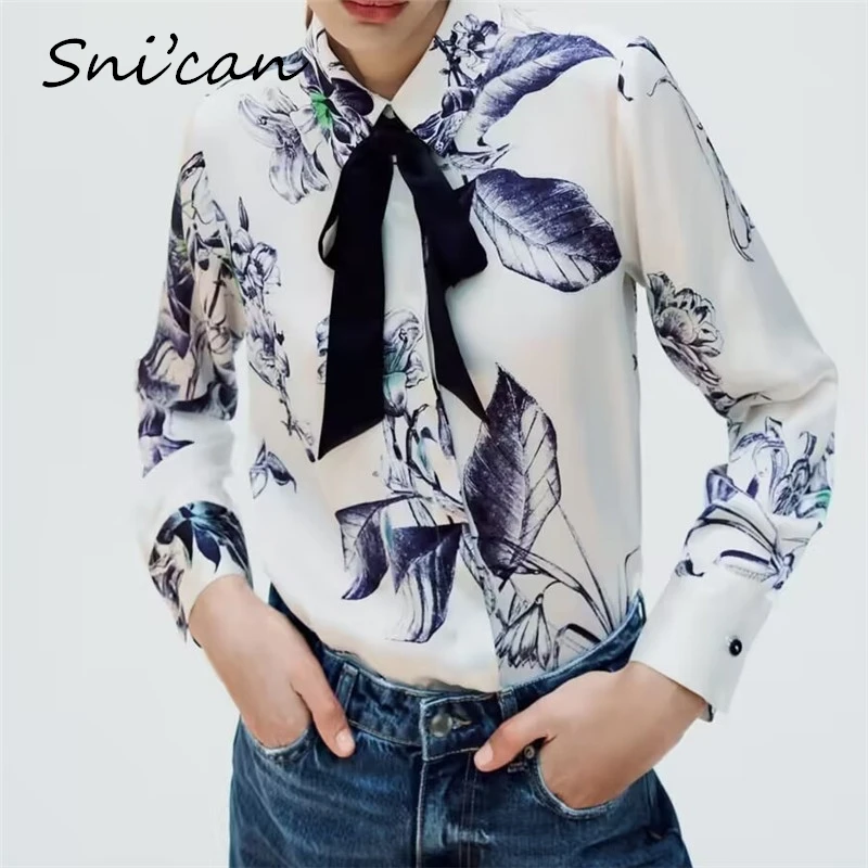 

Bow Ribbon Elegant Office Ladies Blouse Long Sleeve Blue Flower Print Oversize Casual Women Shirts Female korean top Blusas New