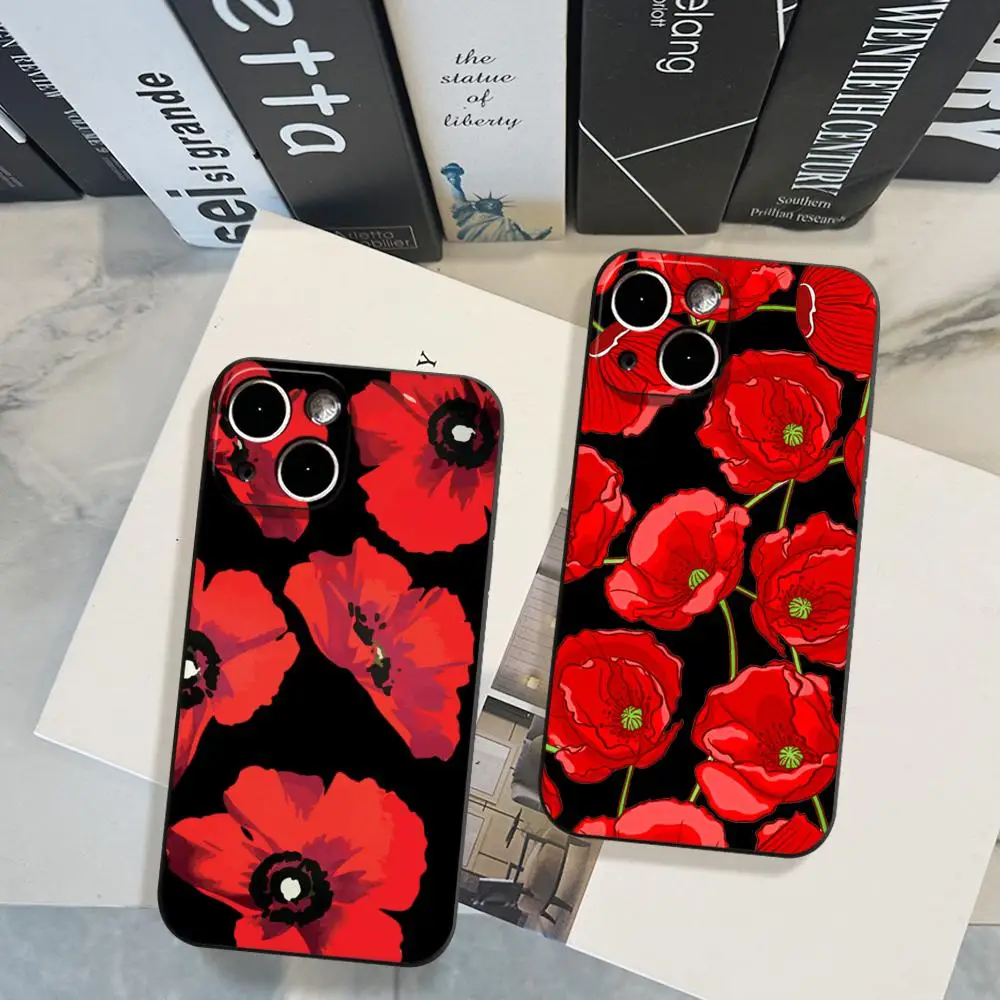 Poppy Flower Bloom Phone Case FOR IPhone 15promax 14 11 12 Pro 8 7 15 Plus 13 Pro MAX XR XS MINI Black Soft Covers