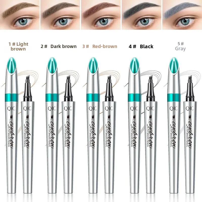 QIC Ultrafeiner flüssiger Augenbrauen-Tattoo-Stift mit vier Backen, dunkelbraun, wasserfest, schweißfest, Augenbrauenstift, Make-up-Kosmetik