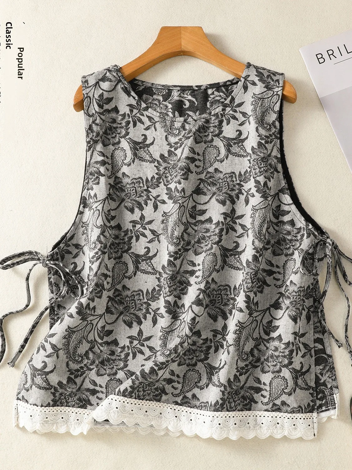 

Retro Feel Floral Embroidery Linen Vest Women's Outerwear Lace Trim Slit Svel Top Commute Sle round Ne Thin Cotton