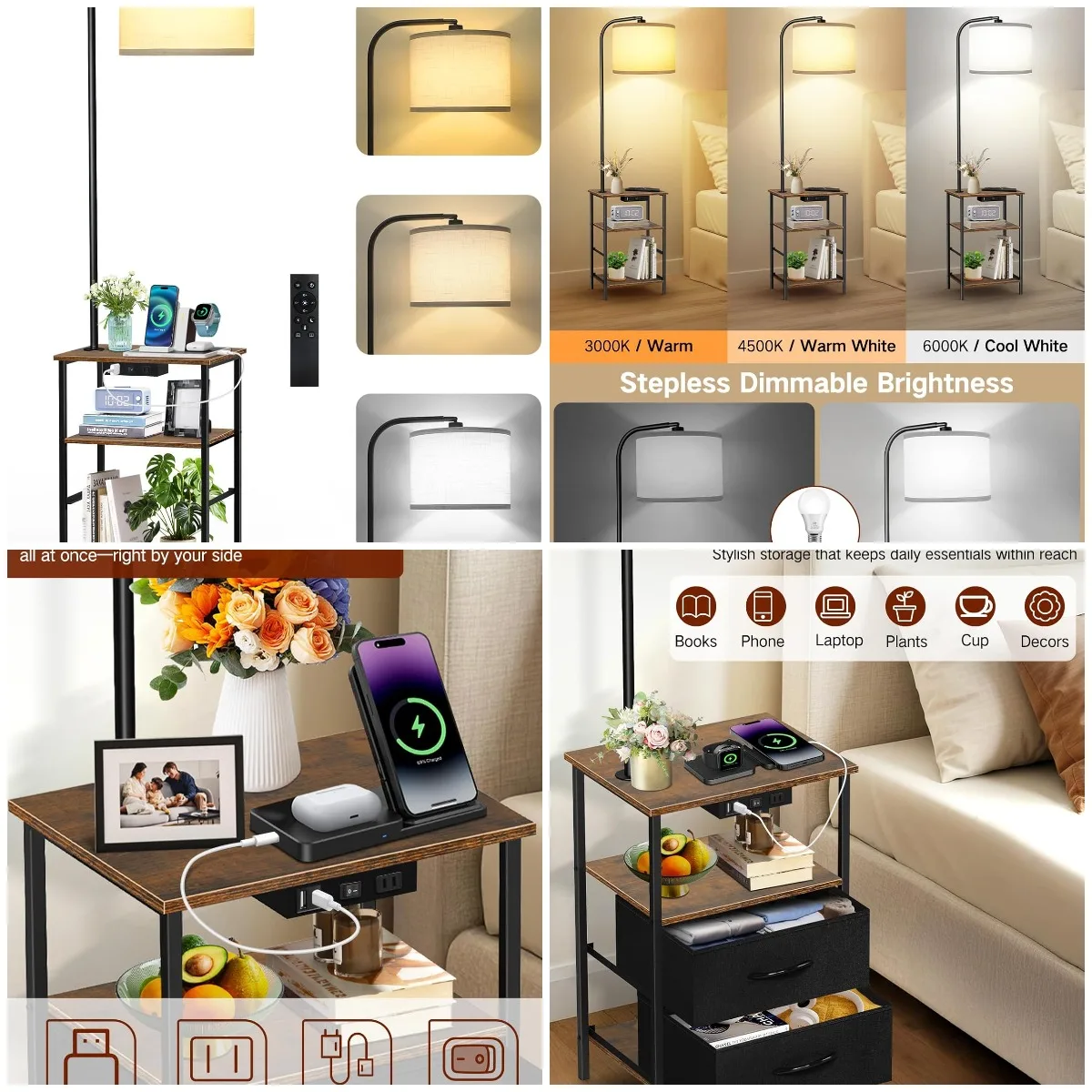 

Floor Lamp with Table, 2 Drawers & Remote, Dimmable Nightstand with Charging Station, 3 Color Temp, 1-Hour Timer, 12W LED – Livi