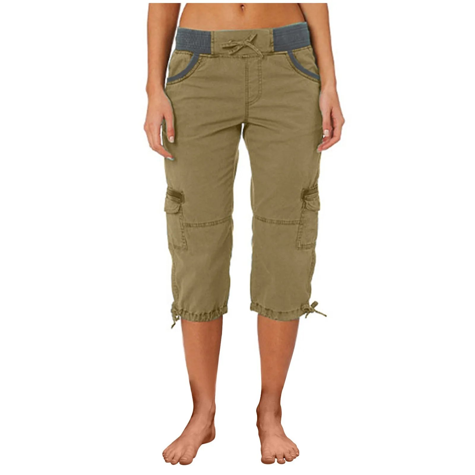 2026 Women's Summer Casual High Waist Drawstring Pocket Workwear Pants Solid Loose Wide Leg Extendable Cuffs 7-inch Pants Female