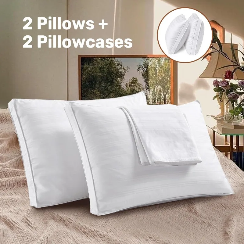 Goose Feathers and Down Pillows with 2 Gusseted Outer Protectors,White Cotton Fabric Bed Pillows for Back Stomach Side Sleepers