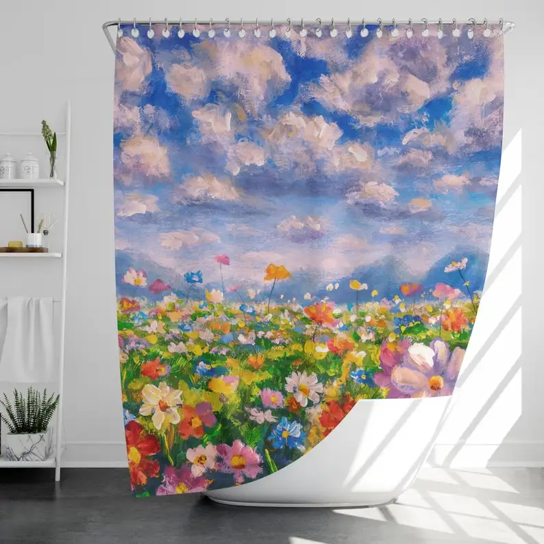 Oil Painting Flower Field Shower Curtain with 12 Hooks, Christmas Gift, Home Decor, Housewarming Gift