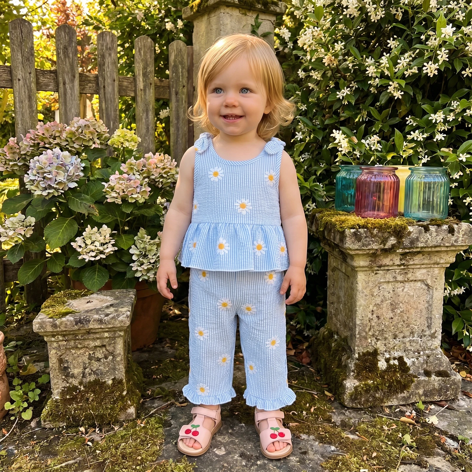 1-4Y Little Girls Outfits 2 Pcs Set Daisy Stripe Print Sleeveless Peplum Tops and Elastic Waist Ruffled Pants Kids Clothing