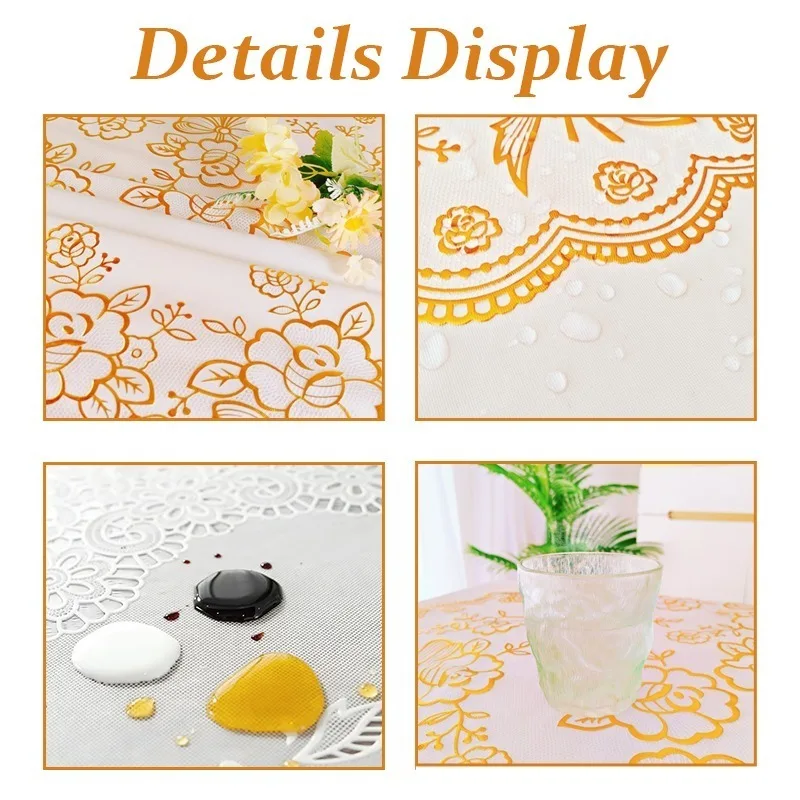 High End Gold-plated Table Cloth, Wave Lace Waterproof PVC Table Cover Anti-scalding Wash-free Dining Tablecloth for Home Hotel