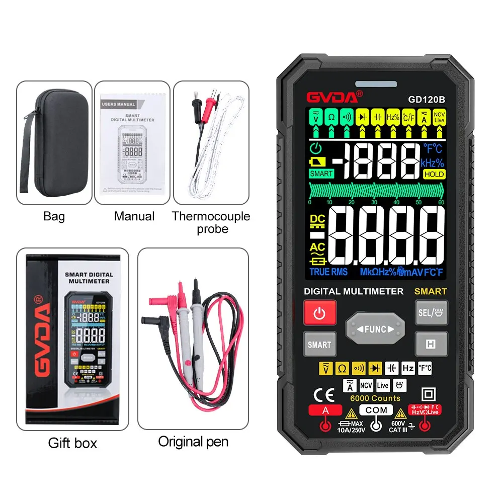 GVDA Smart Ture RMS Digital Multimeter Auto Range NCV Intelligent Multimetro Tester AC DC Voltage Capacitance Ohm Hz Meter