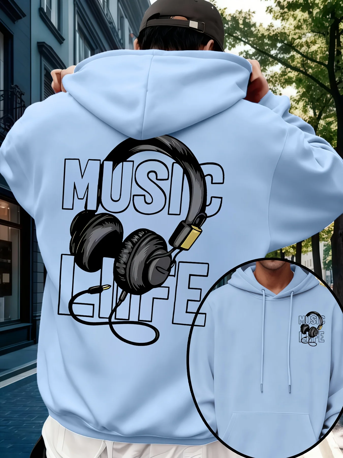 Herren-Musik-Hoodie 100% Baumwolle Kopfhörer-Grafik-Druck Streetwear Oversized Casual Pullover Sweatshirt Herbst Winter – Detail 2