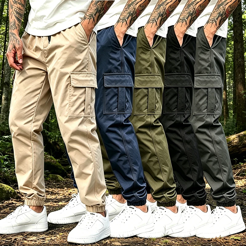 2Pcs/1PcsSpring Autumn Casual Pants Drawstring Leg Bundle Multi Pocket Work Pants Exercise Pants Large Pocket Straight Leg Pants