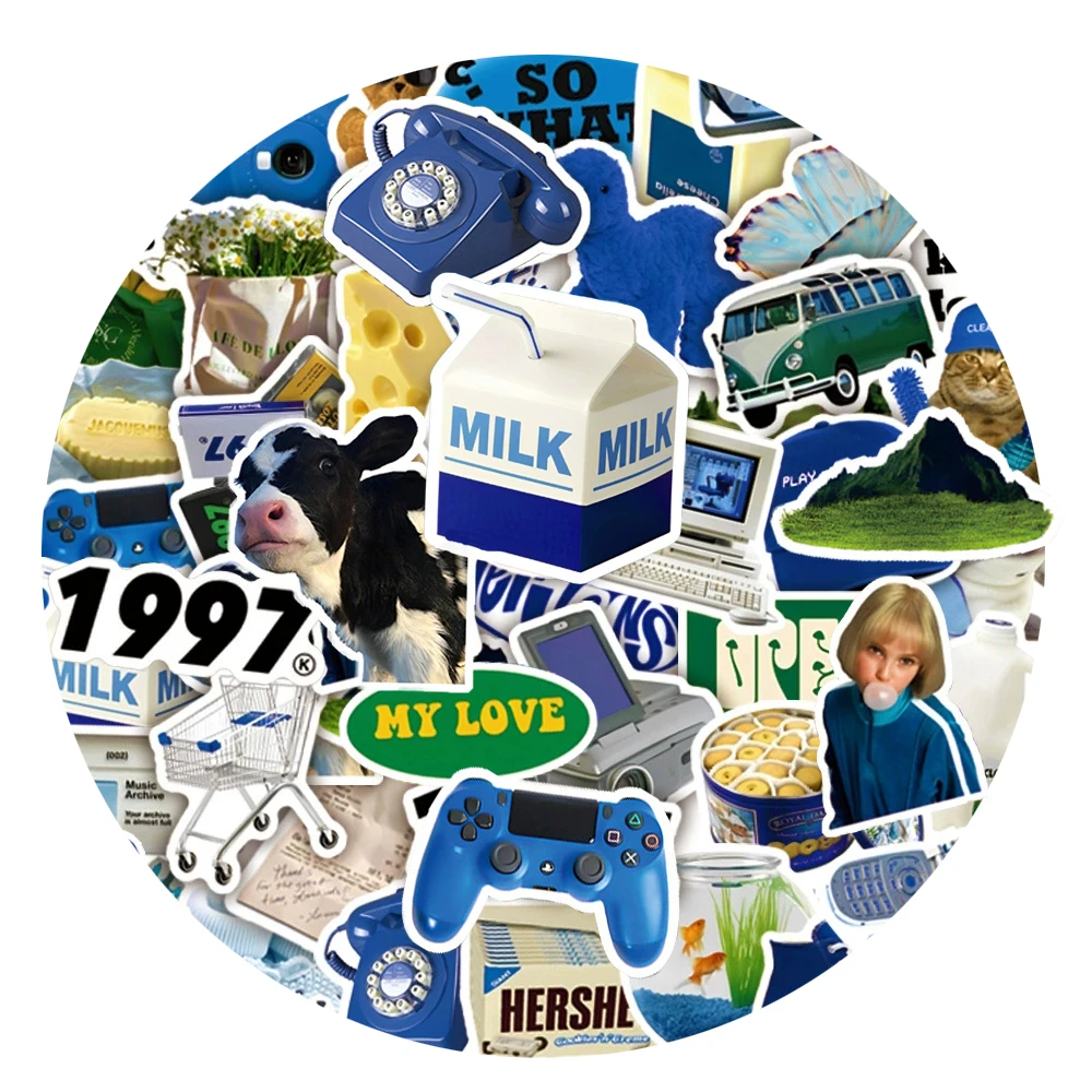 

10/30/50pcs Blue Ins Style Fresh Cow Cheese Stickers Cute Aesthetic Art Pattern Decals Scrapbook Luggage Phone Sticker Packing