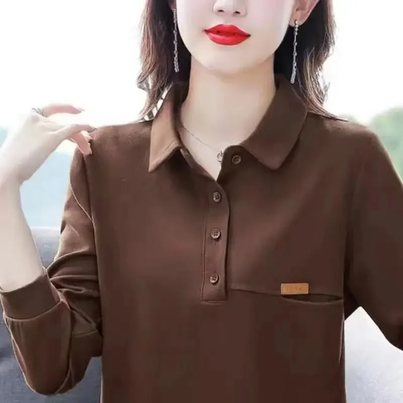 Polo de manga larga para mujer, Camiseta cómoda, versátil y asequible, Color sólido, primavera y otoño, novedad de 2023