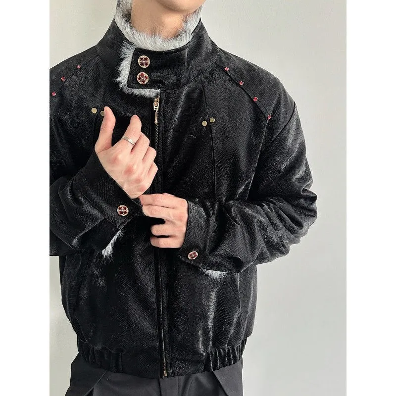 

Thiened Metal Decorated Snake Skin Pattern Cotton Jaet for Men Youth Faion Winter Warm Outerwear Loose Fit Long Sve