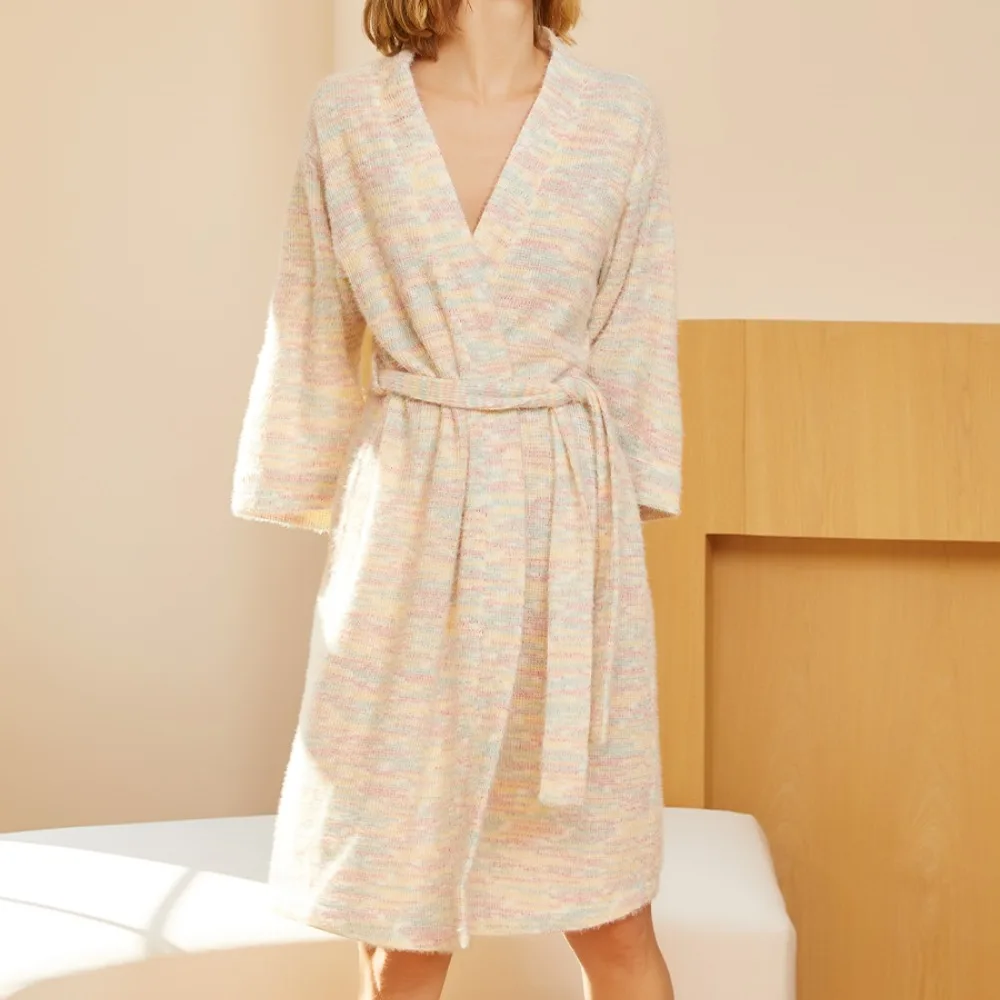 

High-end versatile home robe Holiday gift Autumn pastel women bathrobe Long-sleeved linen bathrobe High-quality knitted pajamas