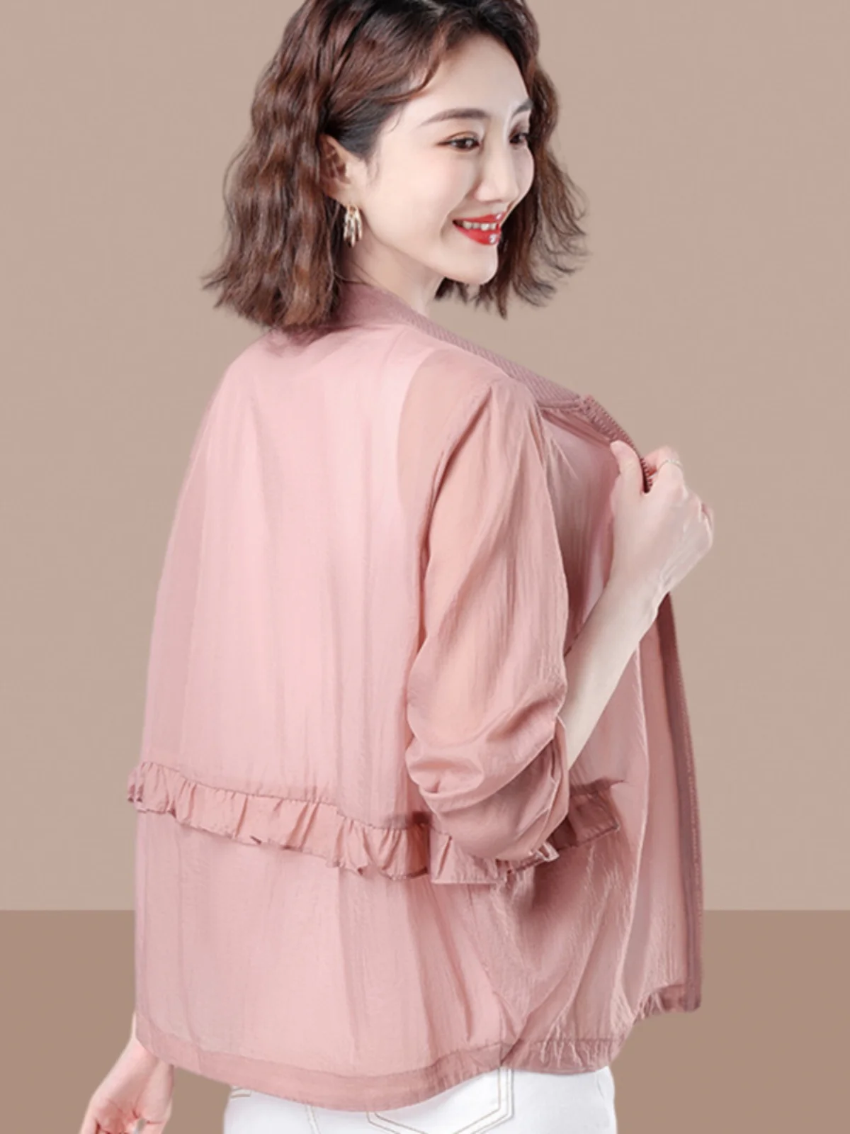 

Summer Lightweight Casual Loose Women's Outerwear Breathable Outdoor Sun Protection Coat Mom Cardigan Zipper round Neck Long ...