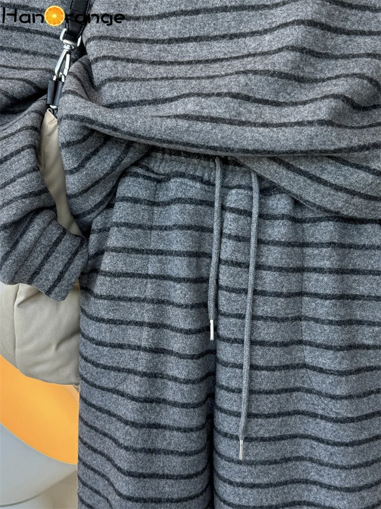 HanOrange 2025 겨울 빈티지 패션 스트라이프 드로스트링 벨벳 팬츠 여성용 따뜻한 두꺼운 바지 블랙 그레이/그레이 화이트