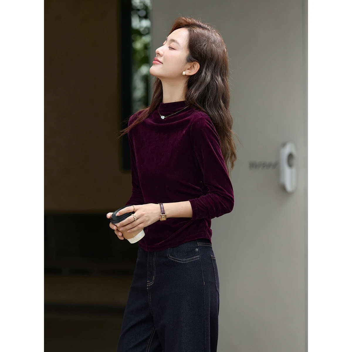 VIMLY T-shirt femme décontracté solide demi col roulé velours à manches longues T-Shirt 2025 hiver nouveau tricoté minceur dames hauts A3305