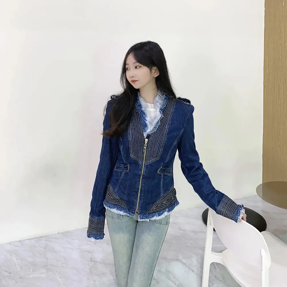 Ruffle Collar Sweet Denin Jacket Ladies Vintage Washed Long Sleeve Zipper Jean Coat Womens High Waist Elegant Female Outerwear