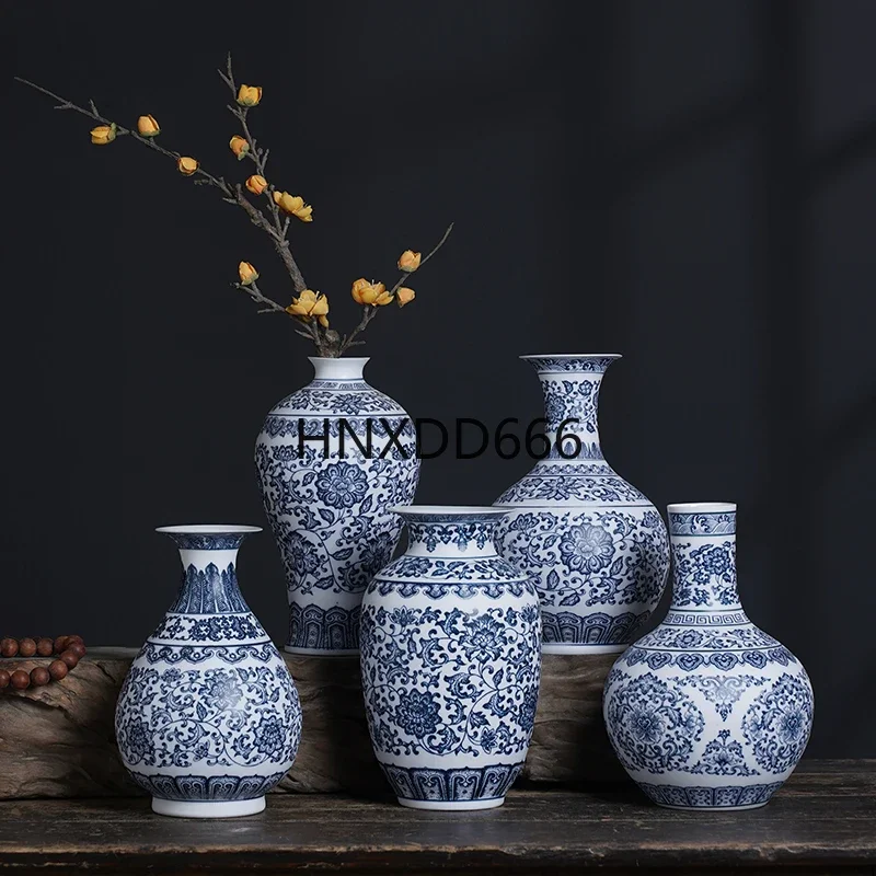 Blue and White Porcelain Flower Vases, Ceramic Vase, Interlocking Lotus Design, Home Decoration,Matte Bottle Body