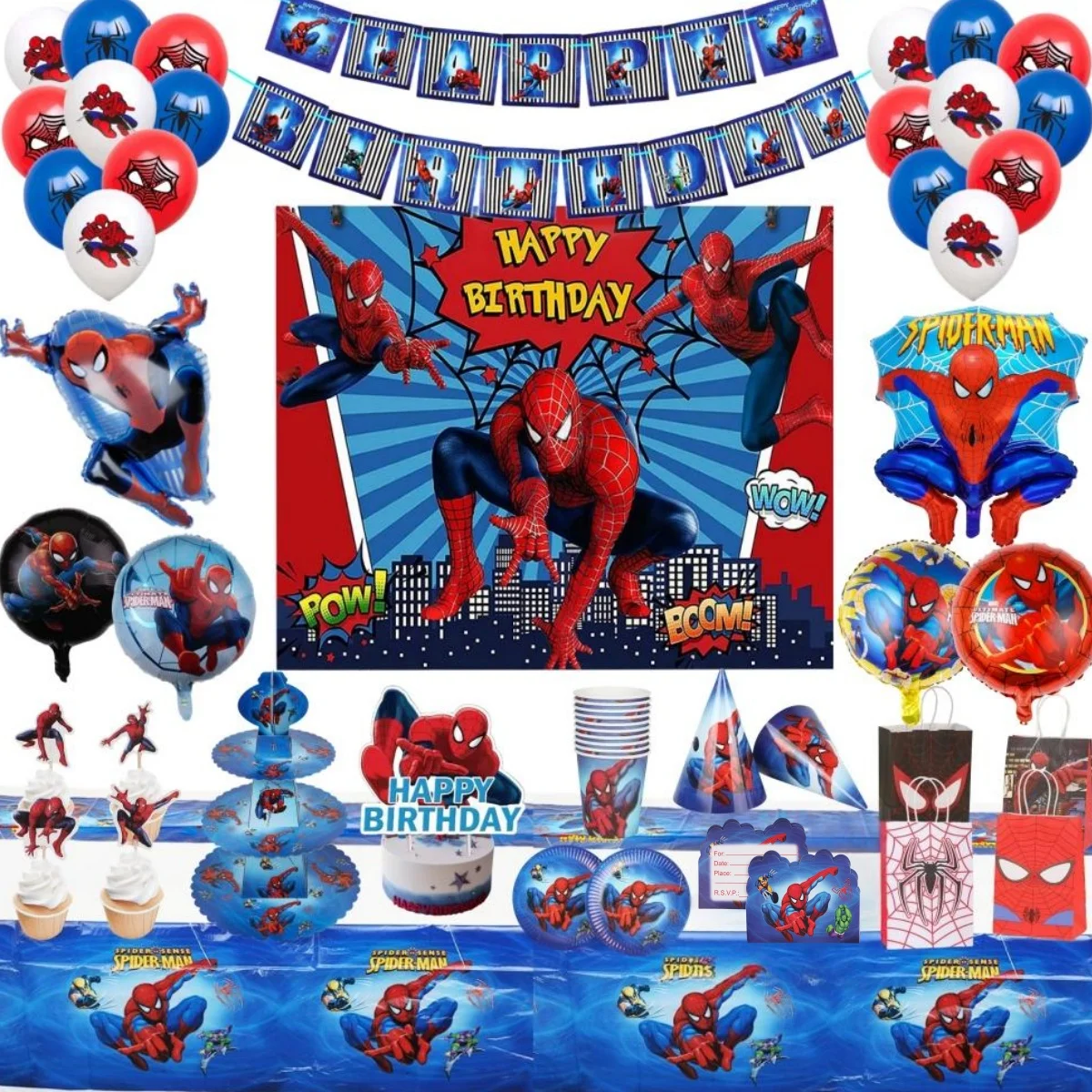 Articles de fête d'anniversaire Marvel Spider-Man : Ballons, rubans, sacs en papier, autocollants, boîtes à bonbons pour baby shower Spider-Man