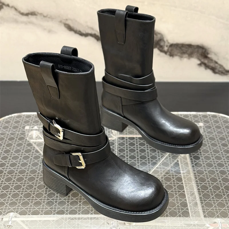 

Модные женские сапоги до середины икры с пряжкой на ремне, обувь в стиле панк с квадратным носком на толстом каблуке, осенне-зимние ковбойские ботинки в стиле вестерн