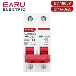 2P DC 1000V MCB Solar Mini Circuit Breaker Przełącznik zabezpieczający przed przeciążeniem 6A 10A 16A 20A 25A 32A 40A 50A 63A DC1000V Fotowoltaiczny PV