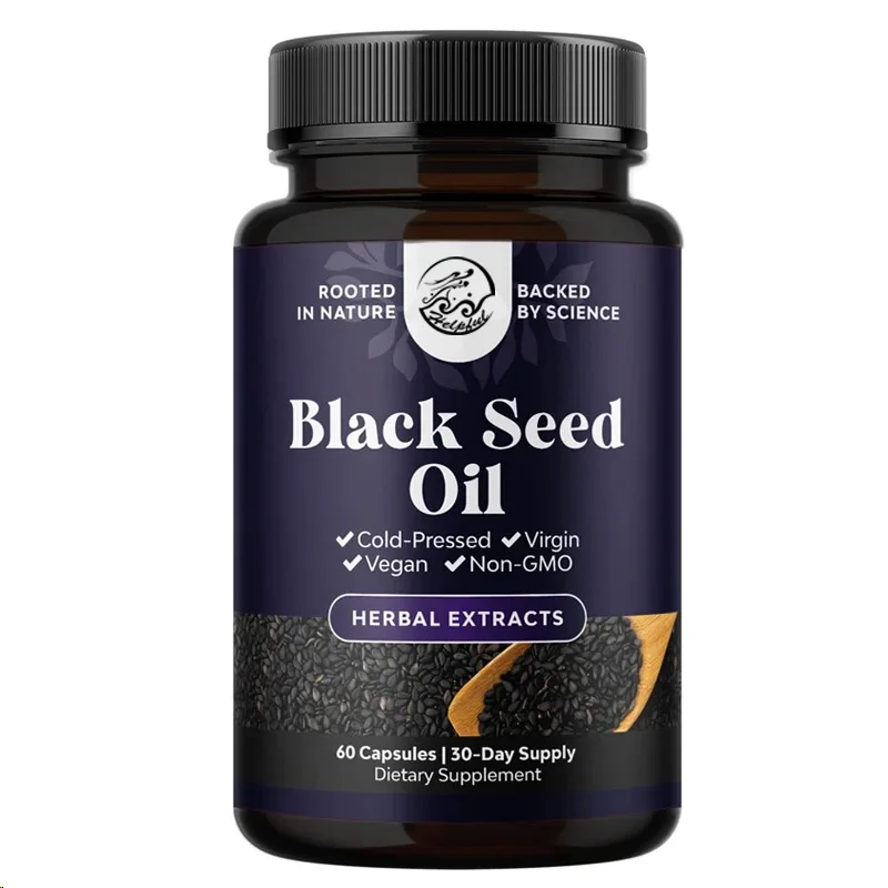Pure black seed oil capsules contain Omega 3 6 9 antioxidants, promote hair growth, and provide immune support