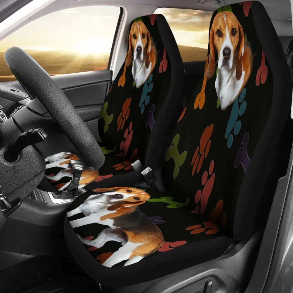 Adorable Beagle Car Seat Covers Black With Multicolor Paws 094209,Pack of 2 Universal Front Seat Protective Cover