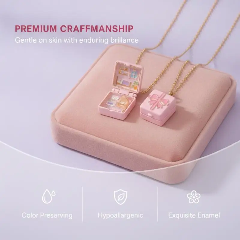 Opening And Closing Square Pendant Necklace New Bedroom Girl's Kitchen Miniature Cabin Scene Necklace Colorful Bow Necklace