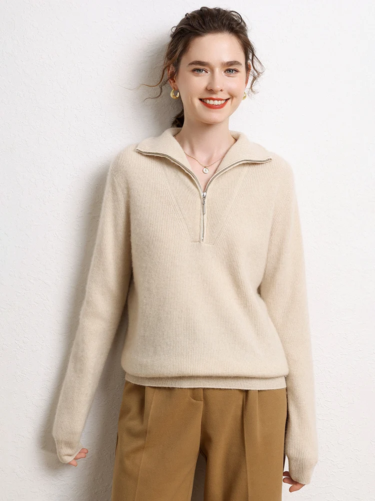 

Women's 100% Cashmere Turtleneck Pullover Sweater Autumn Winter Half-Zip Solid Loose Soft Knitwear Basic Long Sleeve Tops
