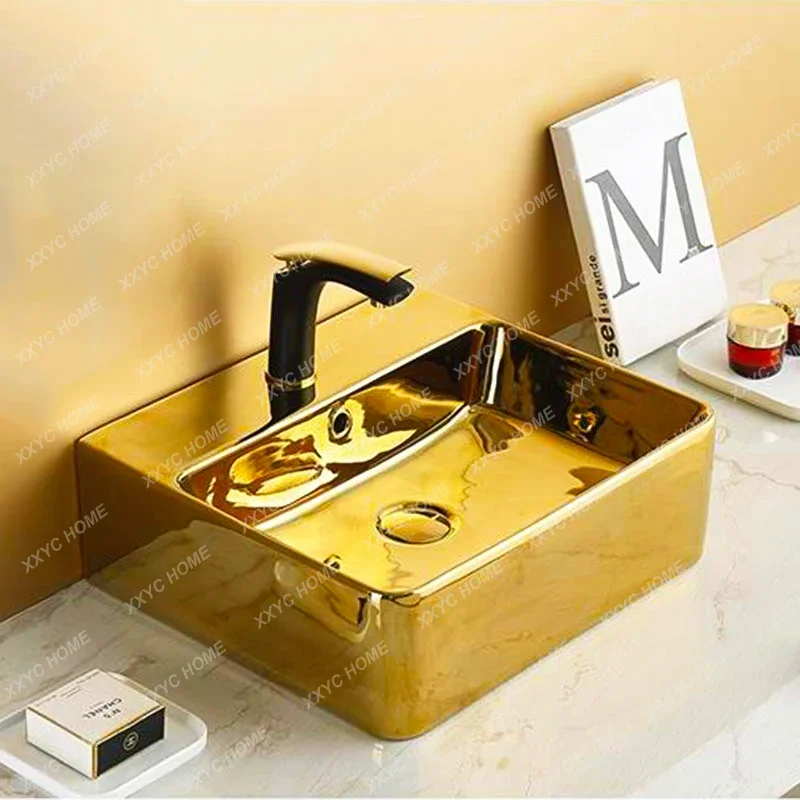 Golden Square Table Basin Home Bathroom Balcony Wash Basin Hotel Club Wash Basin Ceramic Art European Style