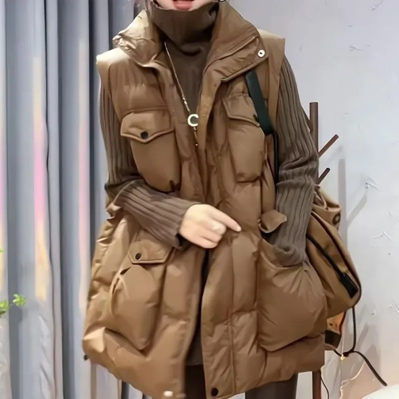 

Autumn Winter New Style Women's Dress Coffee Color Mid-length Padded Jacket Waistcoat Sense of Advanced Tank Top Women