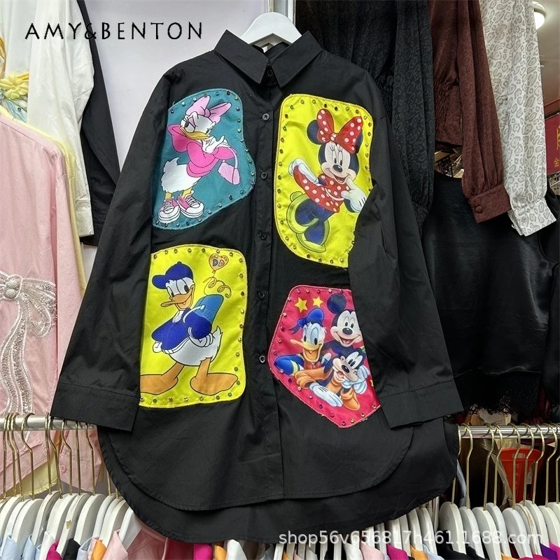 

Heavy Industry Design Rhinestone Printed Patch Cartoon Loose Long Sleeves Mid-Length Shirt Women's Fashion Top Kawaii Y2k Blouse