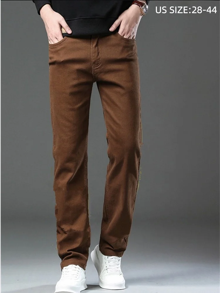Men Super Stretch Jeans Slim Fit Comfort Flex Denim Pants Plus Size 42 44 Coffee Brown Smart Casual Work Black Office Trousers