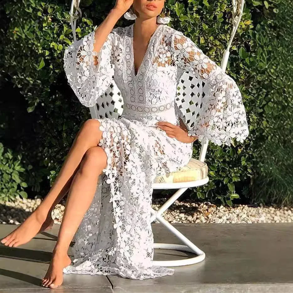 

2025 Sexy Autumn Lace Long Sleeve V-neck Big Show Long Dress Women Polyester Fabric High Waist Hollow Out Design Summer Style