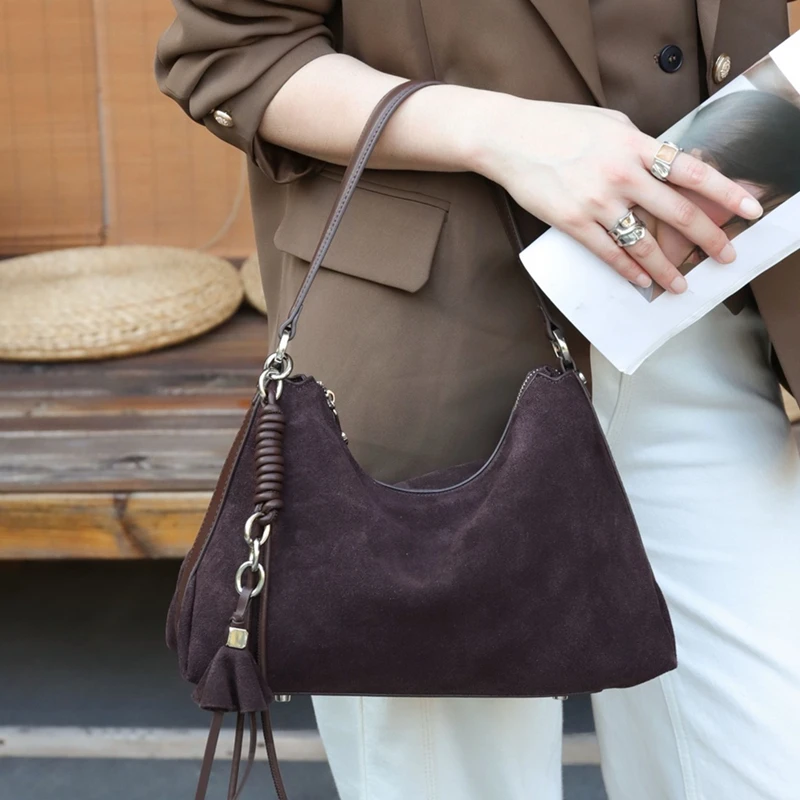 

Toptrends Suede Cow Genuine Leather Underarm Shoulder Bags For Women 2025 Luxury Designer Matte Hobo Office Tote Ladies Handbags