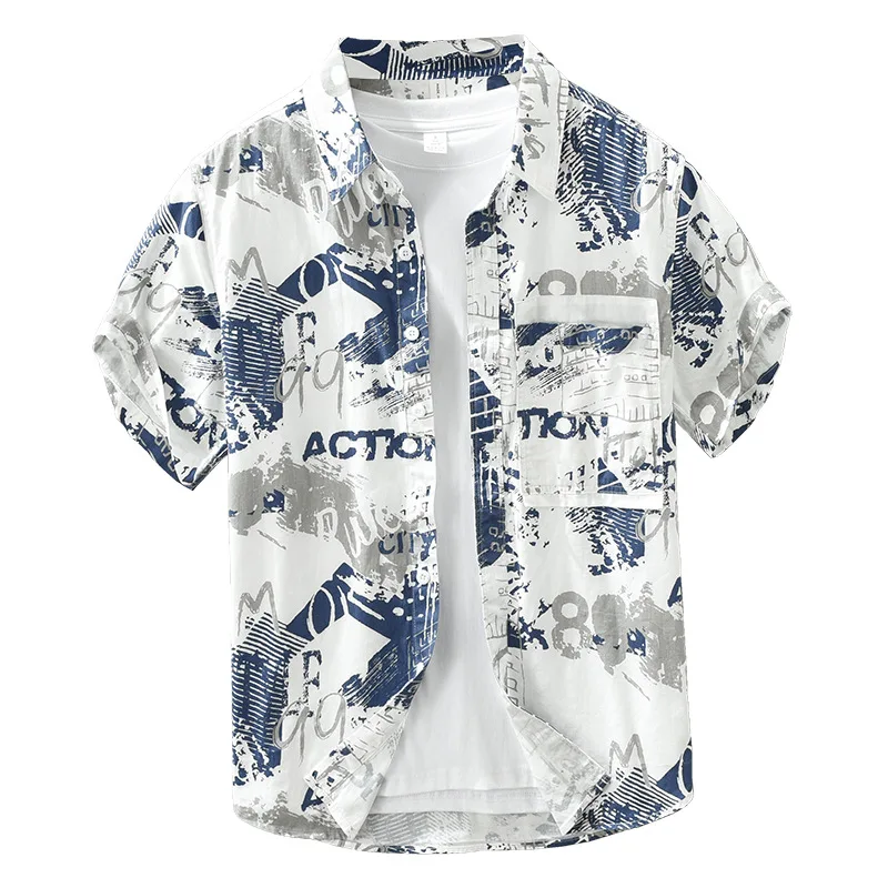 Japanese cartoon fresh print retro denim short-sleeved shirt men's fashion all-match casual literary loose top