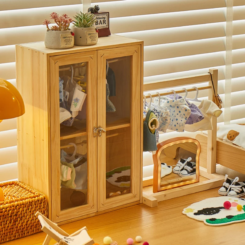 Hölzerner Babypuppen-Schrank für 12-16-Zoll-Puppen, BJD-Puppen-Kleiderschrank zur Aufbewahrung von Puppenkleidung, Kleidung und Zubehör-Schrank