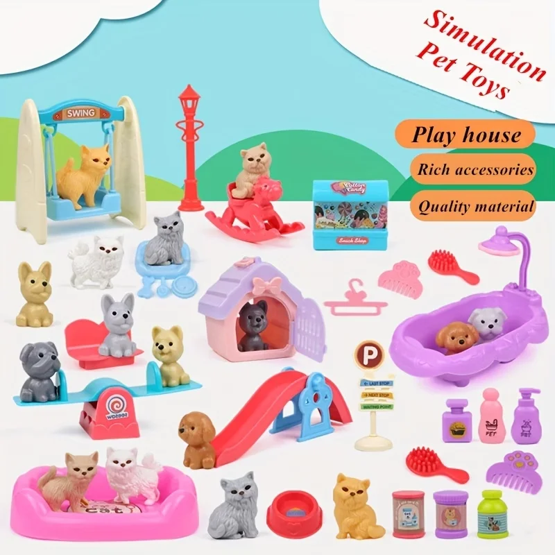 Cute Dog Pet Basket Family Toys Dog Doll Set Cage Toys Scene Playing Toys Christmas Decoration Thanksgiving Gifts color randomly