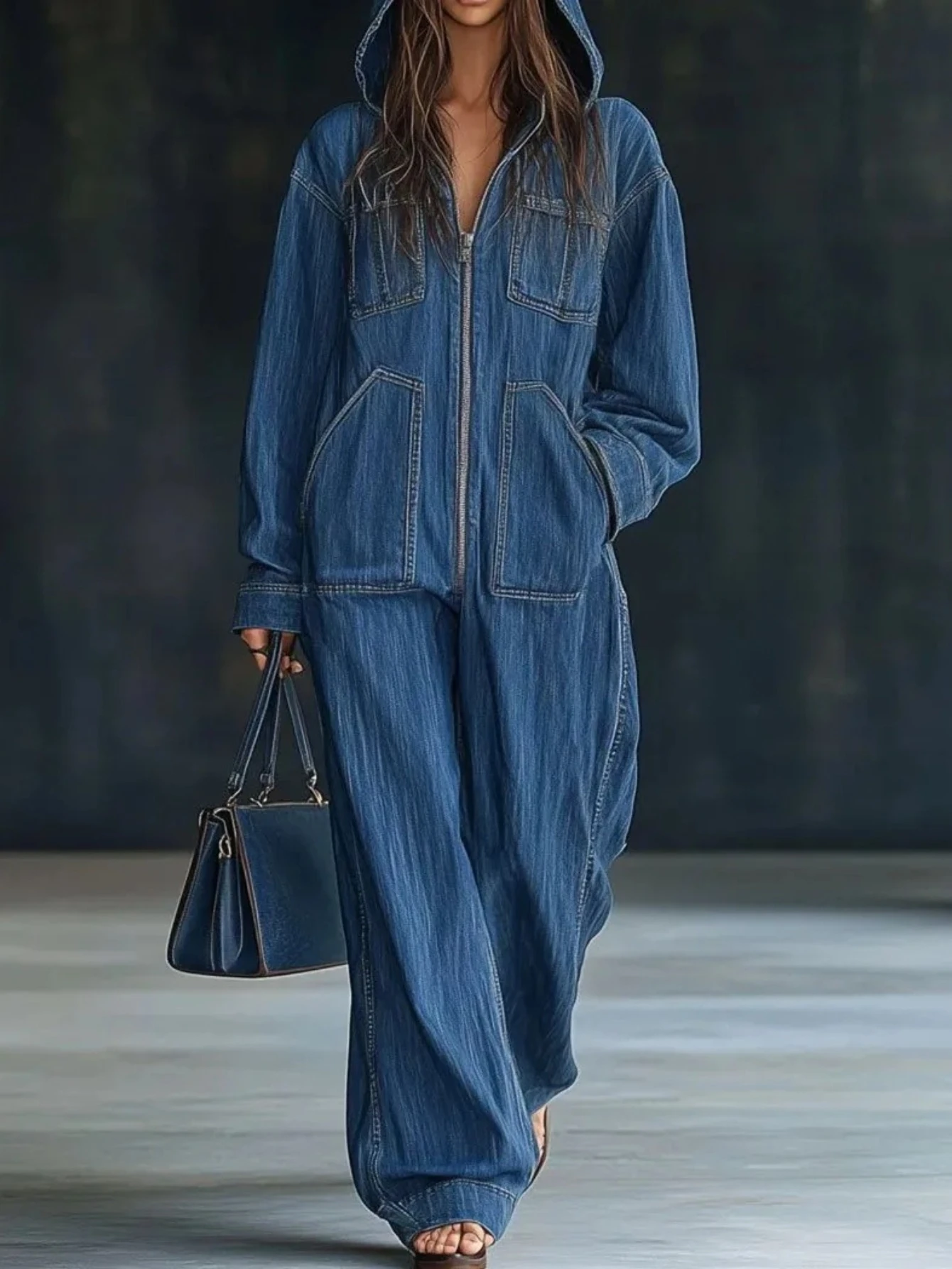 

Новый комплект из двух предметов: модный повседневный комбинезон с длинными рукавами, молнией, карманами, однотонный, свободного кроя, с капюшоном, для осени/зимы.