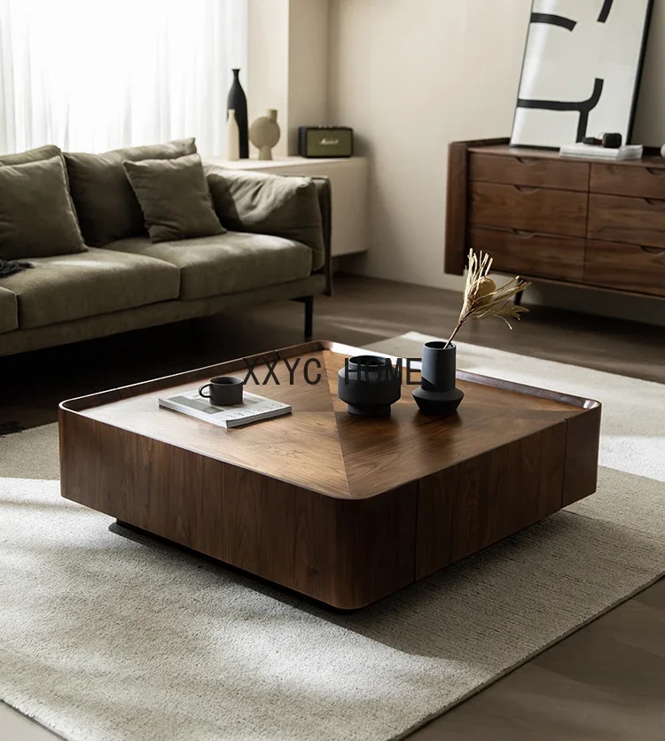 

North America Black Walnut Wooden Tea Table Nordic Italian Minimalist Square Solid Wood Log Square Table