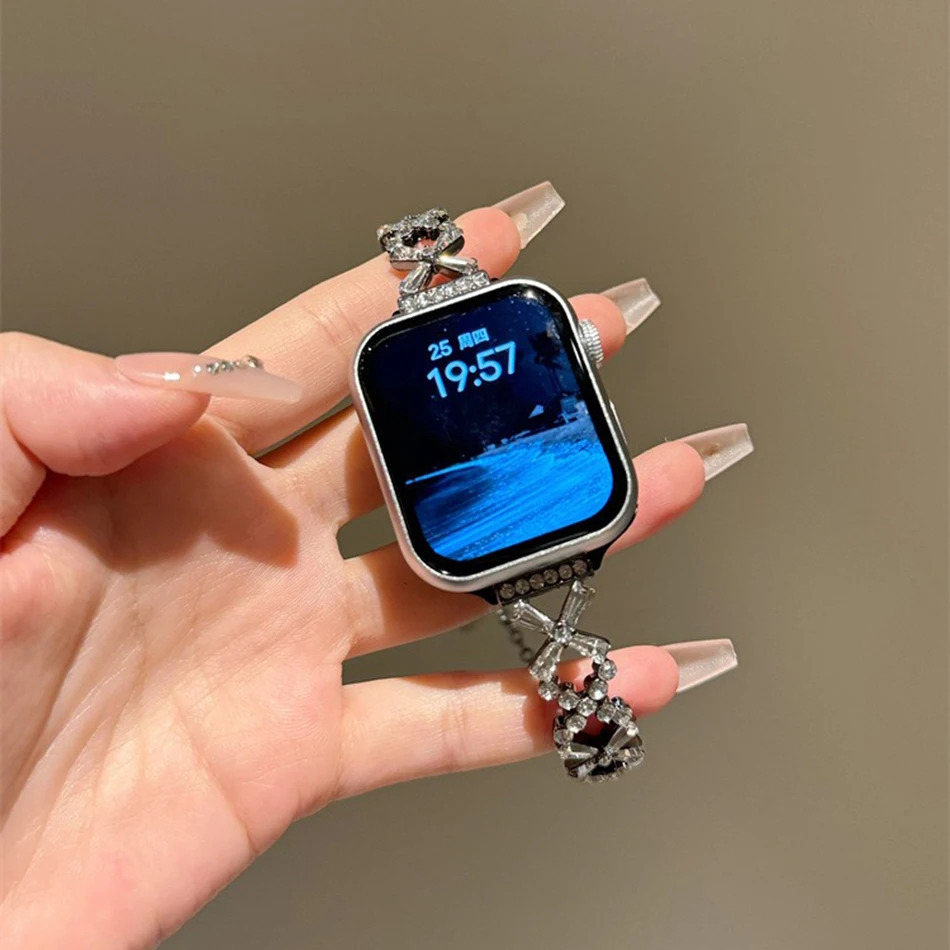 Strap For Apple Watch Band, 9, 8, 7, 6, SE, 5, 4, iWatch Ultra 2, 38mm, 40mm, 41mm, 42mm, 44mm, 45mm, 49mm, Bling luxuoso, diamante do brilho, bracelete do metal