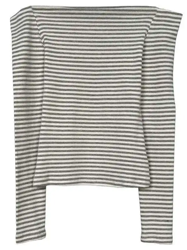 Autunno/Inverno Versione Coreana New Classic Stripe Slash Neck Off Spalla Manica Lunga Vita Cinching Slim Casual Pullover EXB4