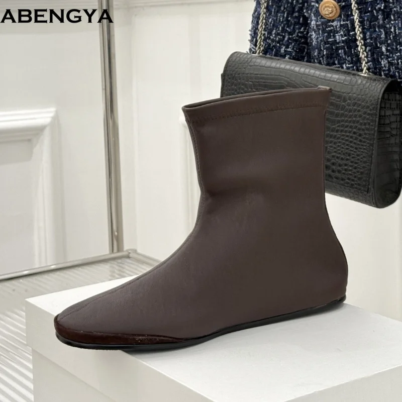 Designer Real Elastic Leather Mid Calf Boots For Women Casual Black Flat Short Boots Winter Fashion Party Chelsea Boots Women